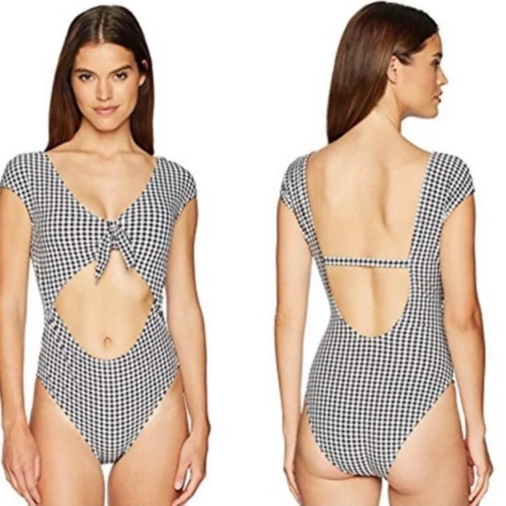Jessica Simpson Black & White Checkered Retro One Piece Swimsuit Cut Out Mid